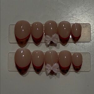 Neutral Nude Press-On Nails with Pink Tips and White Bow Accent